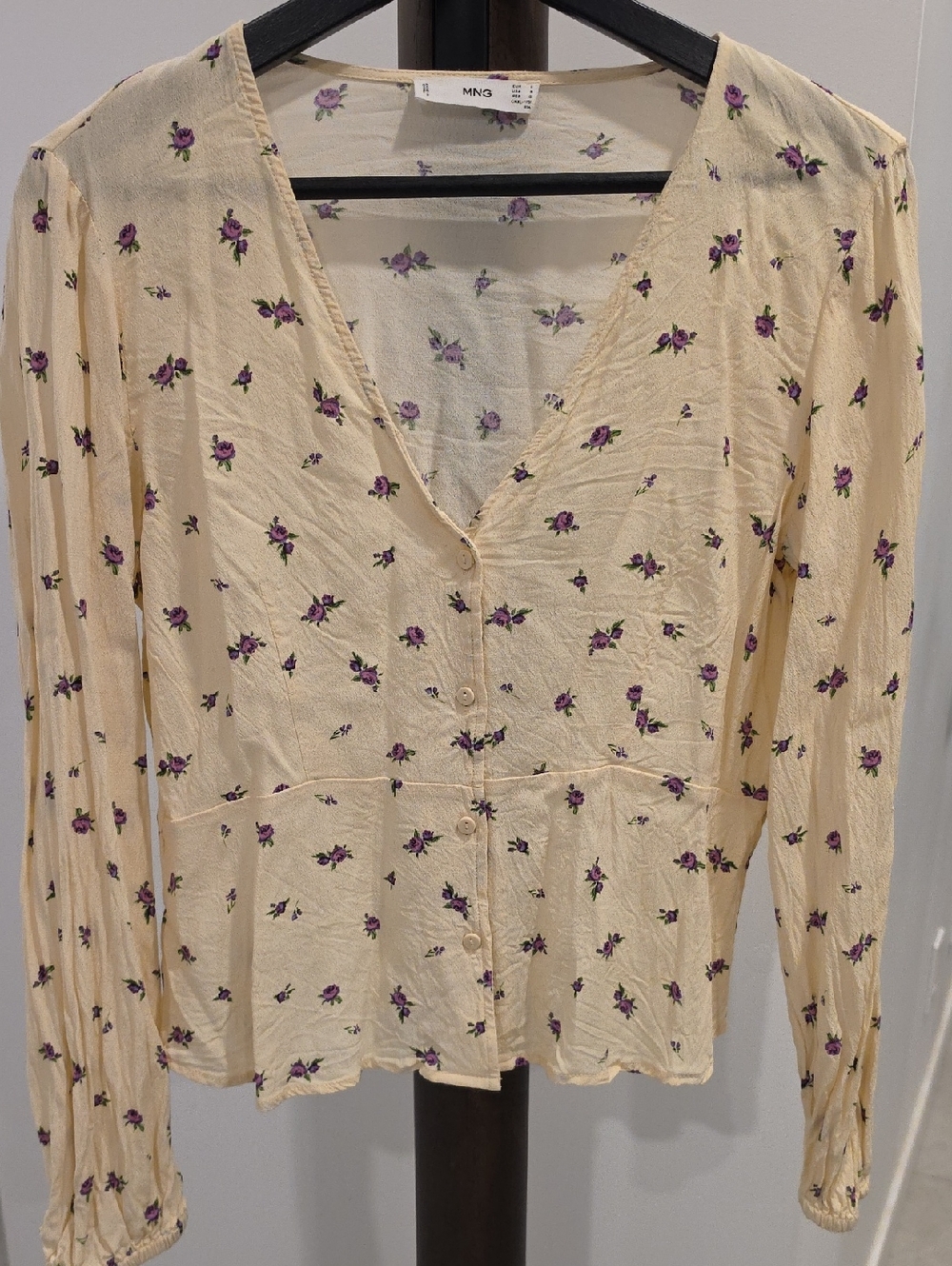 Mango Cream V-Neck Button Front Blouse with Purple Floral Print